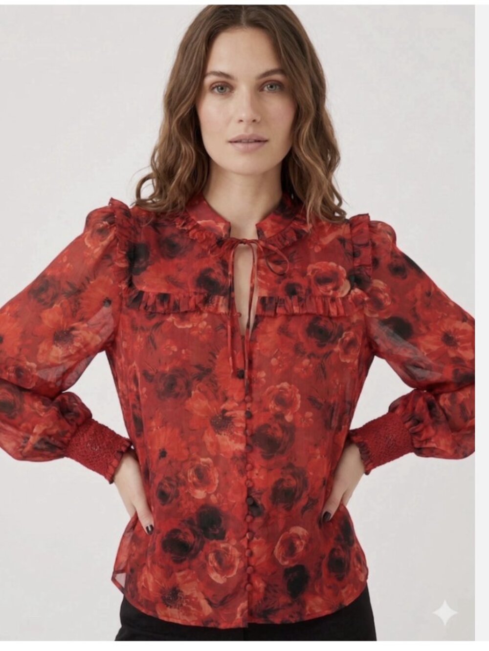 ALICE + OLIVIA BETTE RED FLORAL SILK BLEND BLOUSE MEDIUM